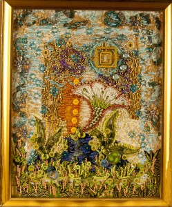 Contemporary art quilt, "Keith's Garden", embellished with buttons, beads, and lace