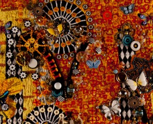 The word "Love" in a contemporary beaded art quilt