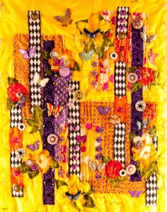 Full shot of an art quilt in progress - :Gardens of Yellow and Butterflies"