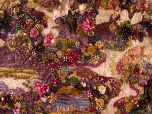 Detail of the contemporary, beaded art quilt, "Dinner for Three on the Banks of the Cabernet"