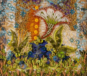 Detail of "Keith's Garden", a contemporary beaded art quilt used for meditation and experiencing energy fields