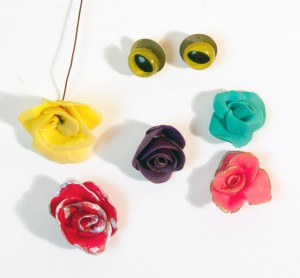 Baked polymer clay flowers and google eyes