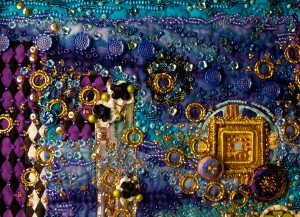 Detail of a contemporary, beaded art quilt "Dalton's Garden", based on tapping into a person's energy field