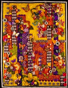 Contemporary, beaded art quilt "Garden of Yellow and Butterflies"