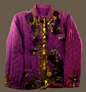 Commercial jacket embellished with appliques,buttons, beads, and ribbon