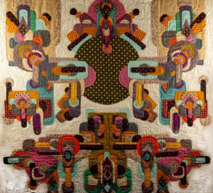 Hand appliqued, hand quilted contemporary art quilt - "Symmetrical Green Circle"