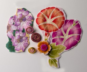 Fabric motifs and buttons that were considered for "MIlly's Garden" but not used