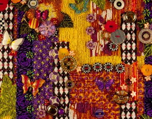 Detail of contemporary beaded art quilt, "In the Garden of Yellow and Butterflies"
