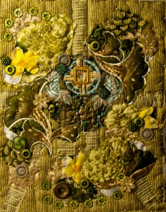 A shot of "Milly's Garden", an art quilt embellished with buttons and beads based on an energy's field
