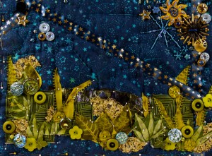 Detail of work in progress of the art quilt, "A Garden for a Sky Warrior"