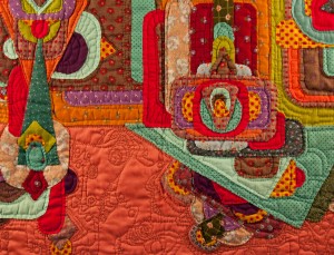Detail of hand applique,hand quilted contemporary art quilt, "Opulence - Still Life with Flowers"