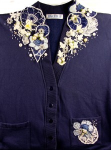 Navy sweater embellished with hand and machine embrodiery